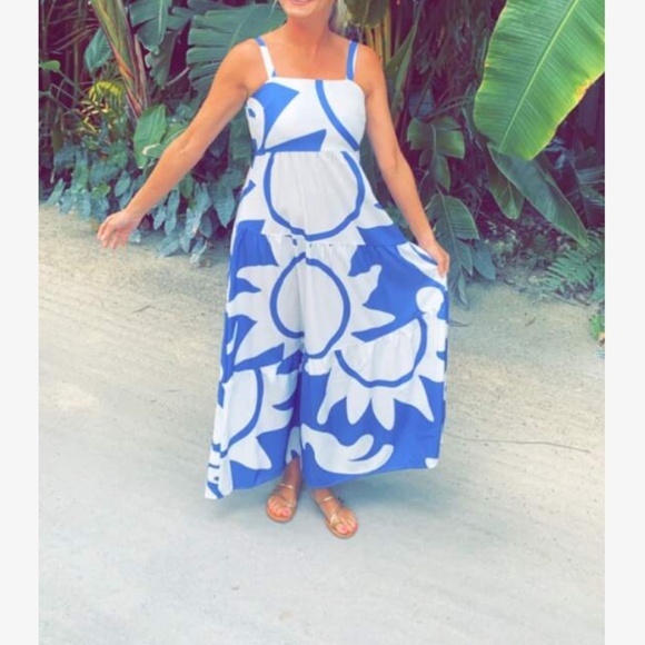 Blue on White Printed Maxi Dress Square Neck Sleeveless - Picture 7 of 11